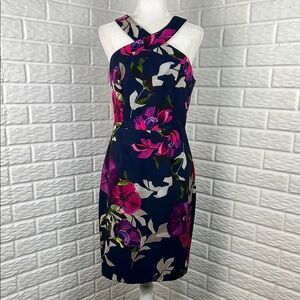 TRINA TURK INDIGO FLORAL DRESS CRISS CROSS NECKLINE LINED MADE IN USA NWT Sz 6